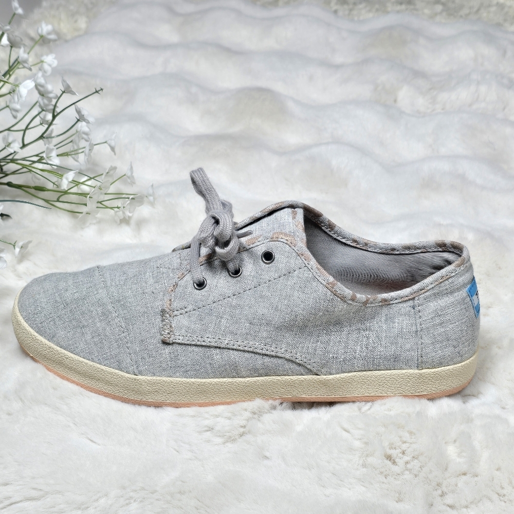 TOMS Women's Paseo Sneakers Drizzle Grey Slub Chambray Cheetah Print Lining 10